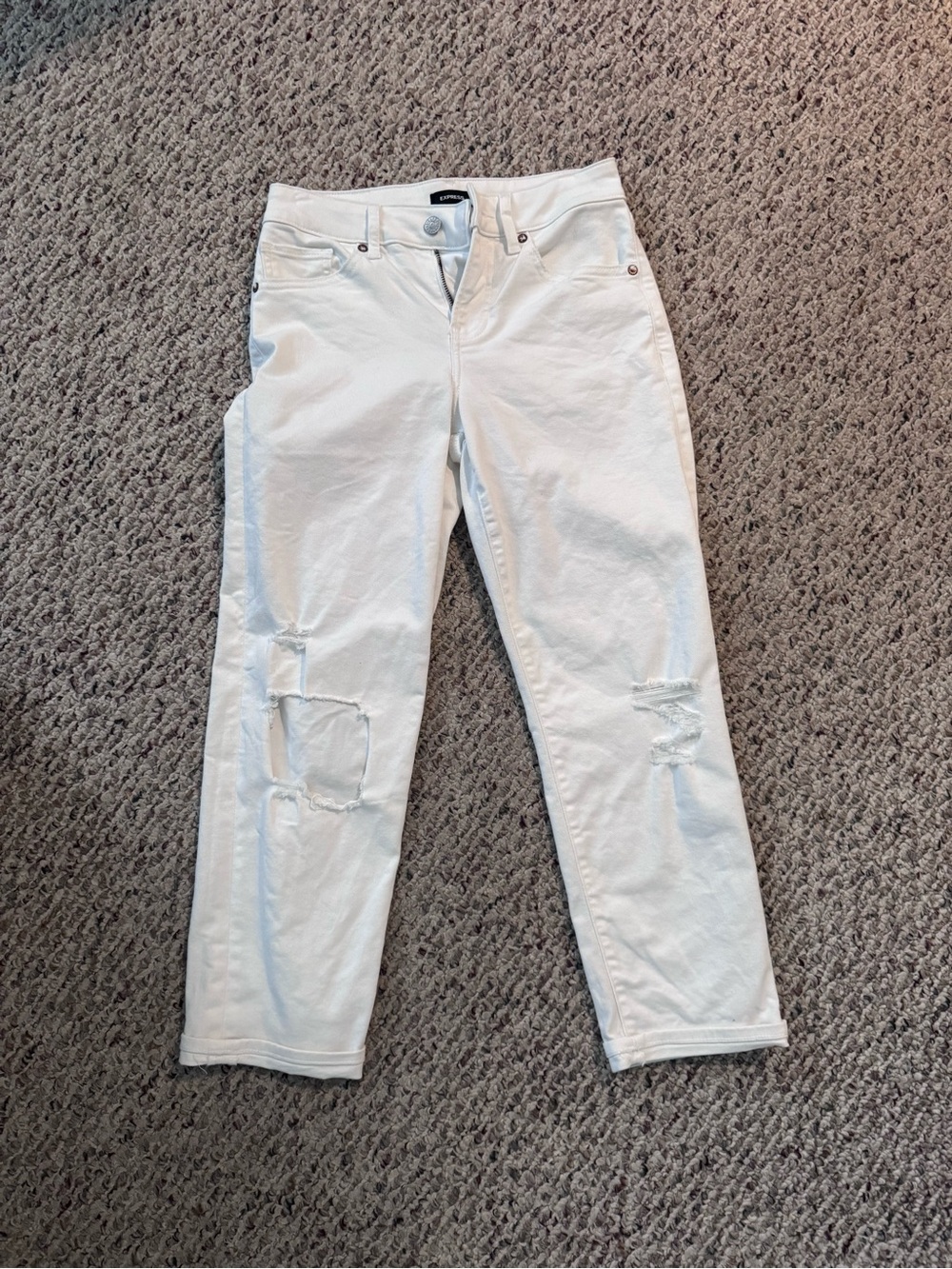 Express White Distressed Straight-Leg Jeans